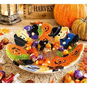 Vintage Artmark Halloween Candy Dish Scarecrows Pumpkins Raven 8” Decorative